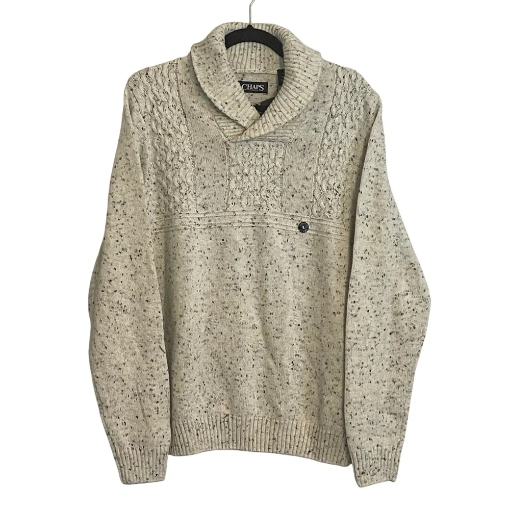 Chaps Mens Shawl Collar Cable Knit Pullover‎ Sweater Cream Grey Marl Large NWT